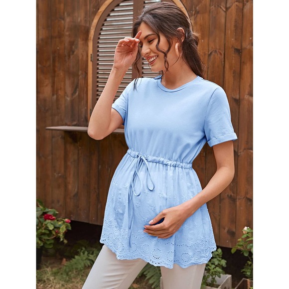 Maternity Drawstring Eyelet Embroidered short sleeve Tee blue - Picture 1 of 11